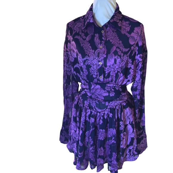 AKIRA SZ S Purple Floral Sheer Mini Dress Long Sleeve Button Down Shirt Dress - Picture 1 of 14